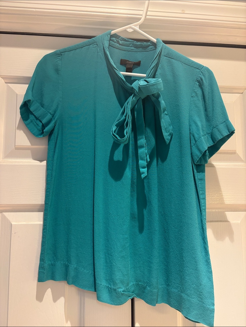 J. Crew Teal Short-Sleeve Tie-Neck Blouse